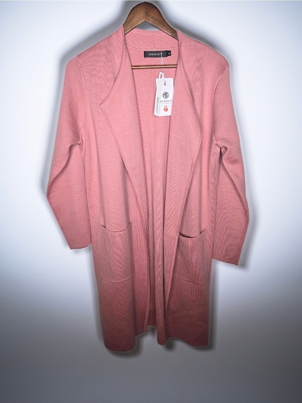 NWT Salmon Pink Open Front Long Knit Boho Duster Cardigan Sweater Small